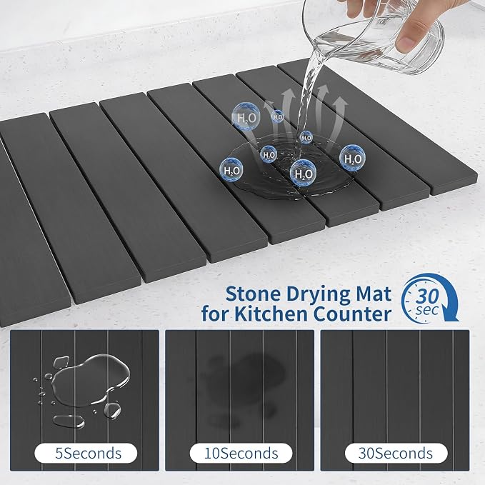 Hopegiver Stone Drying Mat for Kitchen Counter, 24" x 16" Quick Dry Diatomaceous Earth Dish Drying Mat, Super Absorbent, Non-Slip & Foldable, Modern Dark Gray Countertop Mat (DarkGray,24''x16'')