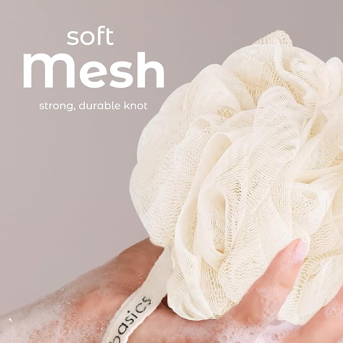 MainBasics Shower Loofah Sponge Pouf, Set of 3, Seaweed Infused | Soft Mesh Body Scrubber and Bath Sponge for Gentle Exfoliation, Rich Lather, and Everyday Shower Use