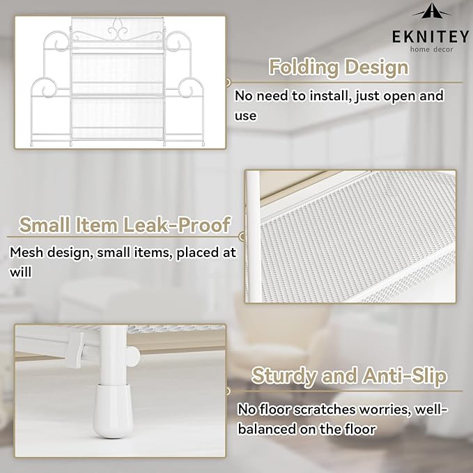 EKNITEY 3-Tier Bathroom Organizer - Sink Organizer Spice Rack(No Assembly) | for Bathroom Kitchen Bedroom Countertop Storage, Sturdy Metal Frame, Easy to Clean, Space-saving, Foldable, White