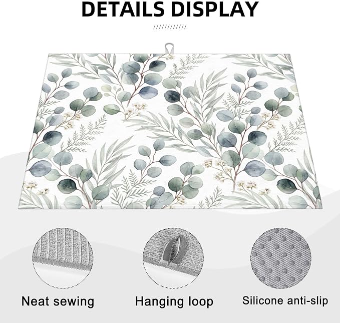 Dish Drying Mat for Kitchen Counter Microfiber Absorbent Dish Draining Reusable Washable Extra Large 18"x24" (Sage Leaves, 18x24in)