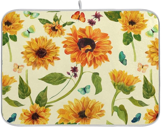 Absorbent Dish Drying Mat for Kitchen Counter - Yellow Sunflowers Butterfly Floral Microfiber Drying Pad, Reversible Drainer Mats for Countertop, Small 16 x 18 inch
