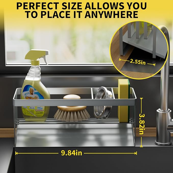 Kitchen Sink Caddy Organzier with Sponge Holder and Removable Drip Tray for Kitchen Sink, 304 Stainless Steel Organize for Sponge Soap Dish Brush Storage Accessories(Silver)