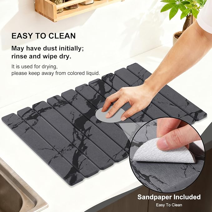 3 PCS Large Stone Dish Drying Mat for Kitchen Counter, Quick Dry Diatomaceous Earth Mat with Sink Faucet Pad, Marble Water Absorbing Stone Drying Mats for Dishes, Bottles and Cups