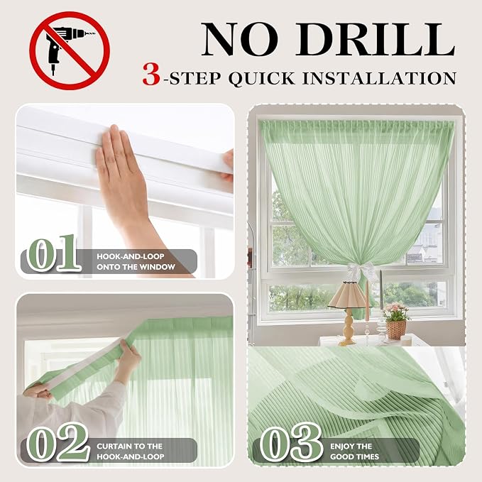 JILRON Self Adhesive Sheer Window Curtains Light Filtering Privacy Screen No Drilling for Rental Temporary Use-Sage Green(W 39*L 84in)