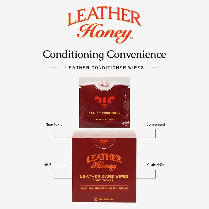 Leather Honey Conditioner Wipes – Restore Leather On-The-Go, 10 Wipes | Non-toxic, trusted since 1968 & made in the USA. Protect & condition any color leather – couches, car seats, shoes & bags.