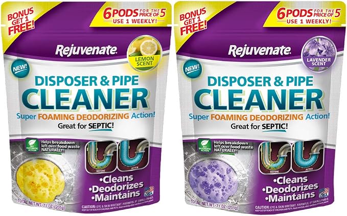 Rejuvenate Garbage Disposal and Drain Pipe Cleaner Powerful Foaming Action and Removes Garbage Disposal Smells 2 x 6 Unit Packs Lemon and Lavender
