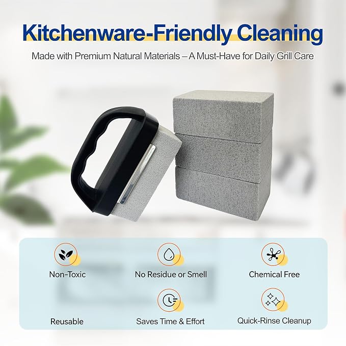 Blackstone Griddle Cleaning Brick Block, 5Pcs Heavy Duty Grill Stone Cleaning Kit with Handle, Powerful Pumice Stone Flat Top Griddle Cleaner for Stove, Removes Grease, Rust and Stains