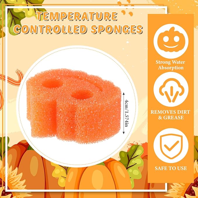 FillTouch 3 Pcs Dual Sided Scrub Sponge Multi Functional Cute Temperature Sensitive Non Scratch Dish Sponge for Washing Dishes Kitchen Bathroom (Thanksgiving Pumpkin,Orange, Yellow, Green)