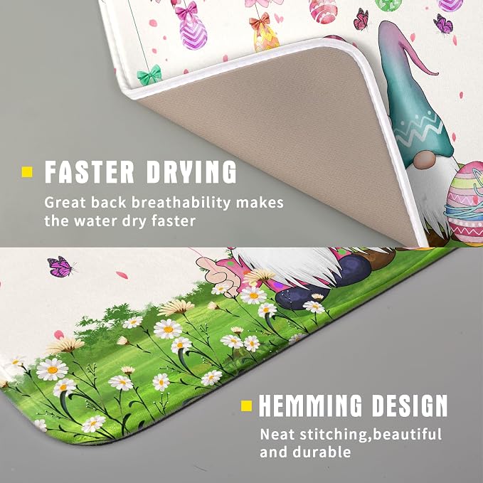 Giwawa Easter Gnome Dish Drying Mat Floral Eggs Bunny Kitchen Drainer Mat 16x18 inch Absorbent Holiday Fast Dry Pad Protector for Counter Tabletop