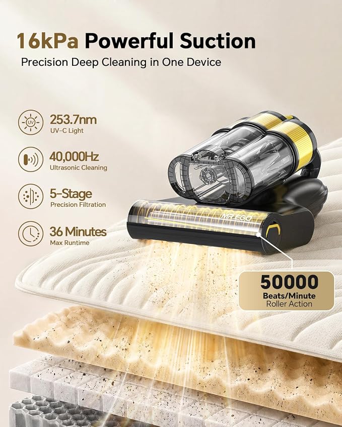 Cordless Mattress Vacuum Cleaner, 50000RPM Bed Vacuum with 253.7nm UV-C | 16000pa Powerful Suction, Ultrasonic, Dust Sensor & LED Display, Cordless, Washable HEPA Filter for Bed, Sofa, Couch