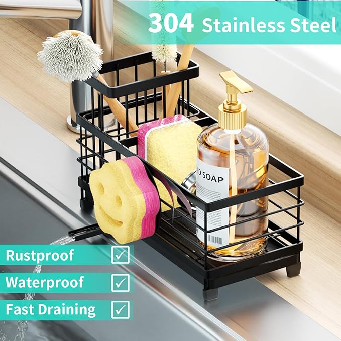 HapiRm Sponge Holder for Kitchen Sink - Self-draining Sink Caddy with Smiley Face and Brush Holder, Stainless Steel Kitchen Countertop Essentials and Gadgets - Black