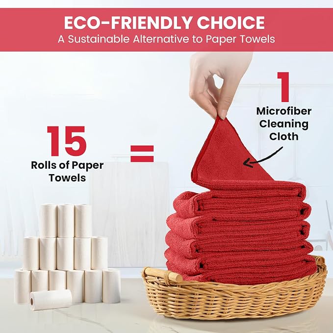 SIFANGKE Microfiber Cleaning Cloth, 12 Pack Red Cleaning Rags for Housekeeping, Reusable Microfiber Towels for Car, Kitchen, Bathroom and Household Cleaning Supplies, 11.8"X11.8"