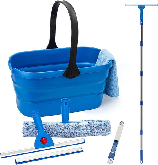 Window Squeegee Kit with 3 Gallon Collapsible Bucket, 5.5 Ft Long Handle Windows Washing Tools for Home and Outdoor Glass, Car Windshield Cleaning Supplies
