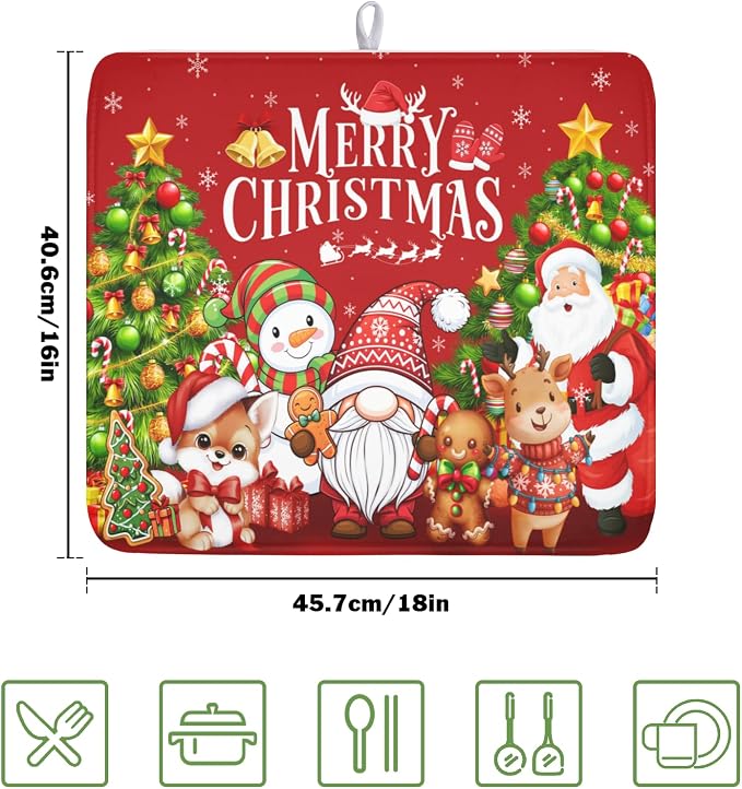 Merry Christmas Dish Drying Mat for Kitchen Counter 16x18 Inch | Xmas Theme Snowman Santa Claus Trees Pattern Dish Drainer Mat Rustic Holiday Absorbent Washable Drying Pad