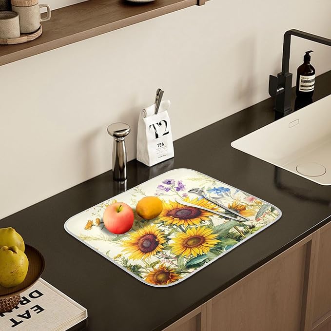 Blooming Sunflowers Dish Drying Mat for Kitchen Counter Absorbent Microfiber Large Drying Pad Dish Mats for Kitchen Countertops 18 x 24 Inch