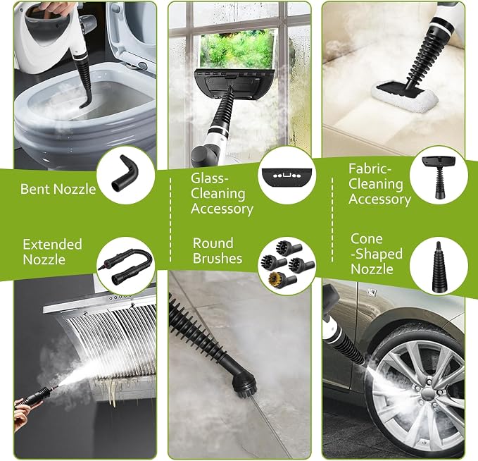 Phueut Pressurized Handheld Multi-Surface Natural Steam Cleaner with 12 pcs Accessories, Multi-Purpose Steamer for Home Use, Steamer for Cleaning Floor, Upholstery, Grout and Car (Grey)