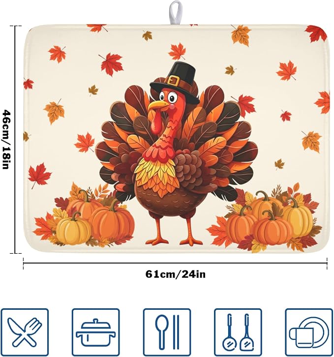 Thanksgiving Dish Drying Mat for Kitchen Counter Autumn Harvest Turkey Pumpkin Maple Leaves Microfiber Dish Drainer Mat Rustic Fall Holiday Absorbent Washable Drying Pad 18"x24"
