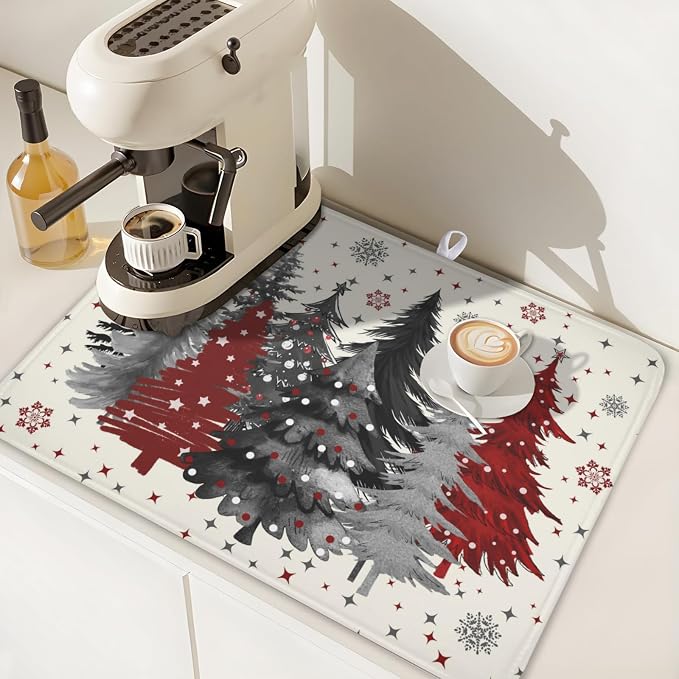 Christmas Gray Red Tree Dish Drying Mat 18x24 Inch Xmas Snowflake | Winter，Polyester，Absorbent Microfiber，for Kitchen Coffee Dining Bar Decor