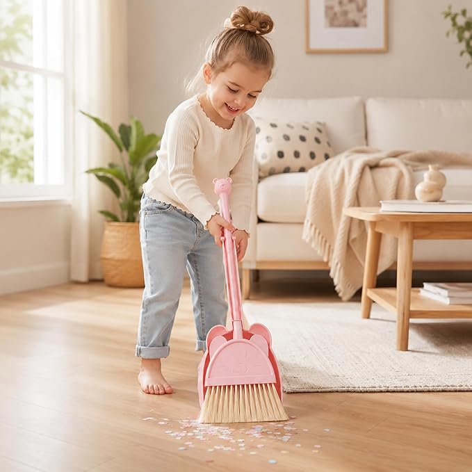 Mini Broom with Dustpan for Kids,Little Housekeeping Helper Set (Pink)