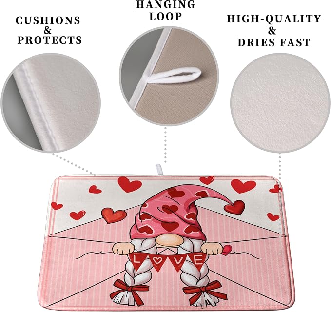 Valentine's Day Love Letter Dish Drying Mat for Kitchen Counter, Love Letter Gnome Absorbent Dish Pad Large Dish Drainer Mats for Countertop 18x24 Inch