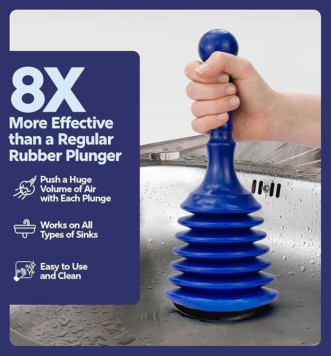 Luigi's Sink Plunger Kitchen - Sink Plunger Bathroom - Drain Bathtub or Shower - Small and Powerful Clog Remover - Commercial Style "Plumbers Plungers" with Large Bellows - Blue - Small