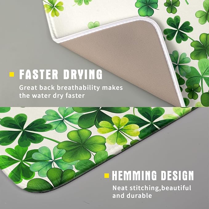 Spring Sage Green Shamrocks Drying Mat 16x18 Inch St. Patrick's Day Irish Shamrock Clover Dish Rack Pad Super Absorbent Dish Drainer Mat Dish Drying Pad Mats Protector for Kitchen Counter Coffee Bar