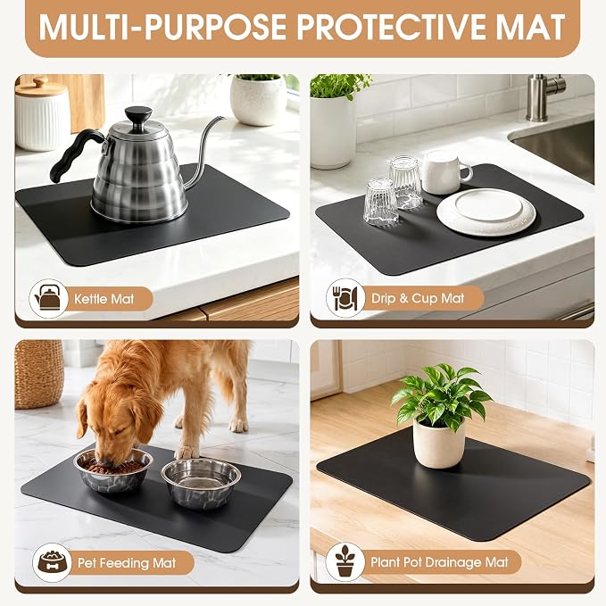 WISELIFE Coffee Mat Super Absorbent Dish Drying Mat Coffee Bar Accessories Match with Machine Large Drying Mats for Kitchen Counter 12" W x 19" L, Black