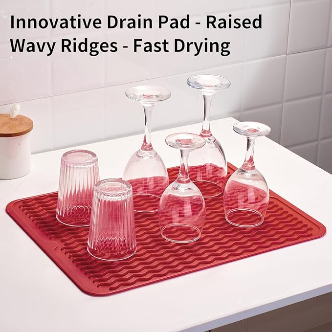 ZLR Silicone Dish Drying Mat for Kitchen Counter (12" x 16" / 307 x 405mm) - Large Fast-Dry Drainer Mat with Raised Wavy Ridges & 5mm Lip - Non-Slip, Heat Resistant 450°F, BPA-Free (Lava Red)