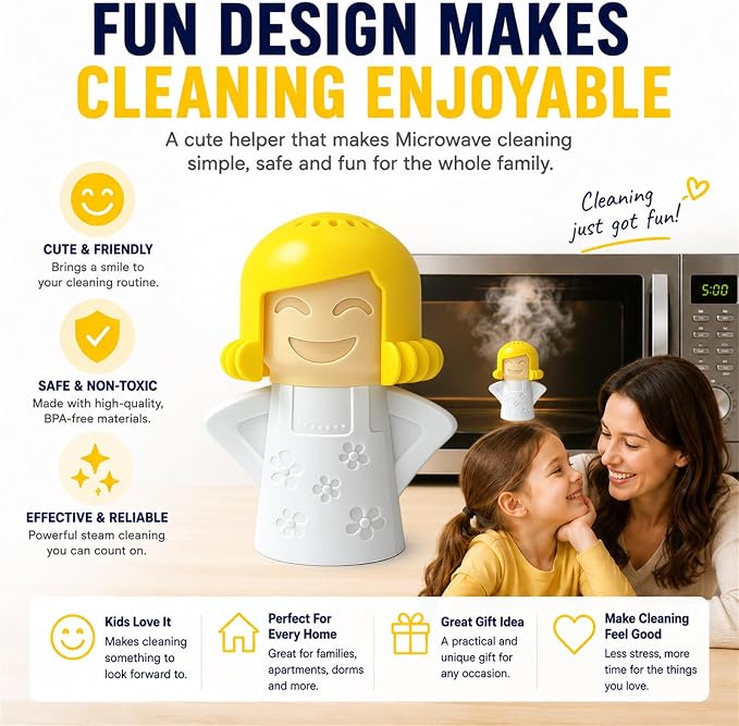 Microwave Steam Cleaner Tool, Fill with Vinegar & Water, Optional Lemon Drops, Heat 5-7 Minutes to Soften Grease & Residue, Non-Toxic Reusable Kitchen Cleaner for Microwaves (White)