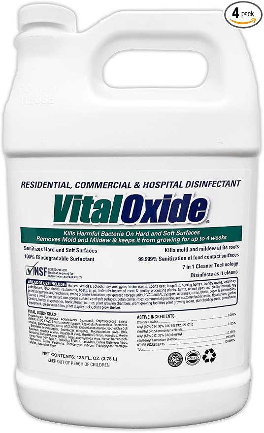 Vital Oxide Disinfectant, Deodorizer, Cleaner, Food-Contact Sanitizer, Virucide – (EPA registration #82972-1) – Kills Mold & Mildew, Eliminates Odors-1 Gallon (Pack of 4) | EPA registration 82972-1, disinfectant, deodorizer, cleaner, food-contact sanit...