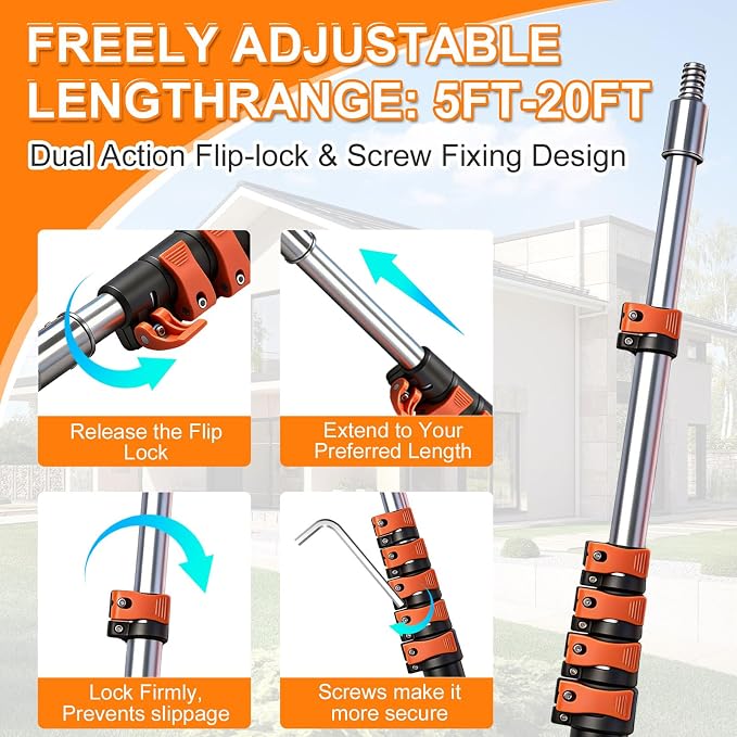 30FT High Window Cleaning Kit, 5-24 FT Telescoping Extension Pole with Dual Action Flip-Lock & Screw Fixing Design, 2-in-1 Window Squeegee, Professional Long Handle Washing Tool for High Windows