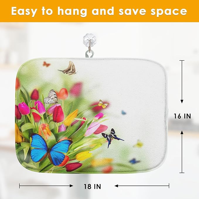 Sanwarm Absorbent Dish Drying Mat, Spring Flowers Butterflies Microfiber Pad for Kitchen Counter, Coffee Bar Decor, Heat Resistant and Reversible, 16" x 18"