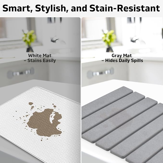 Stone Dish Drying Mat for Kitchen Counter – Collapsible 24"(L)×16 (W) Super Absorbent Diatomaceous Earth Dish Drying Mat, Grey Kitchen Counter Mats for Dishes, Bottles, Cups, Match Any Countertop
