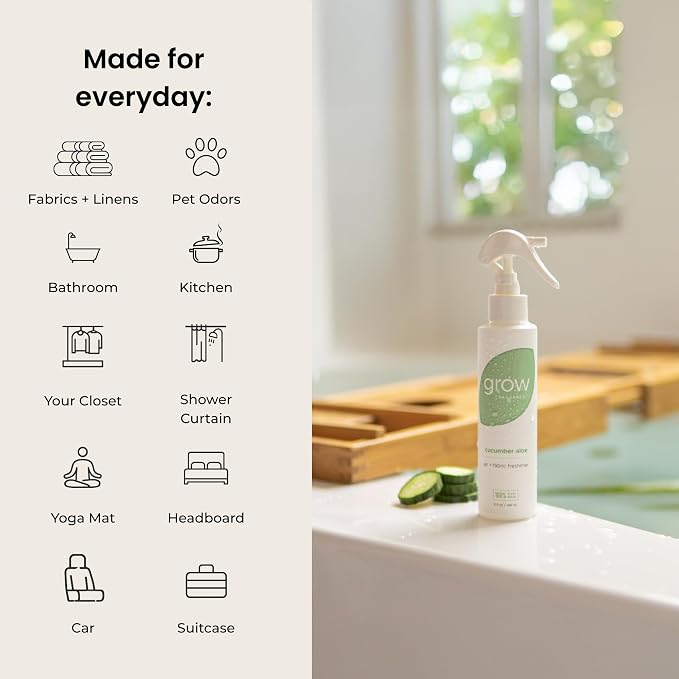 Grow Fragrance Certified Non Toxic, 100% Plant Based Fabric and Room Air Freshener Spray. Made with All Natural Essential Oils (Cucumber Aloe 2 Pack) 2 x 5oz