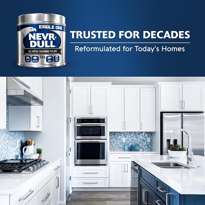Eagle One Nevr Dull All Metal Wadding Polish, Chrome and Metal Cleaner for Cars, Kitchens, Bathrooms, Easy Tear Pads for Stainless Steel, Brass, Copper, Aluminum, 5 oz Tin