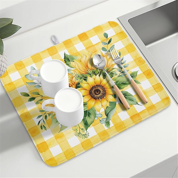 Sunflower Dish Drying Mat 18x24 Inch Absorbent Reversible Summer Sunflower Drying Mat Summer Plaid Dish Drying Rack Mat Yellow Summer Themed Dish Drainer Mat for Kitchen Counter Coffee Bar