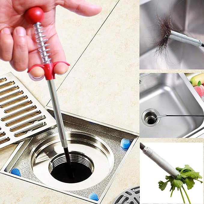 76 Inch Drain Snake Hair Clog Remover with Round Knob, 4-Claw Grabber Tool | Reusable and easy to rinse clean; flexible for curved pipes and hard-to-reach clogs in sinks, tubs, showers and downspouts