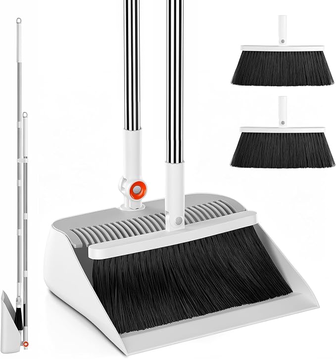 Broom with Dustpan Combo Set, 53" Long Handle, Includes 2 Broom Heads | Collapsible Broom and Dustpan Set, 180° Swivel Broom Head, 360° Lockable Dustpan, Built-in Hair Comb