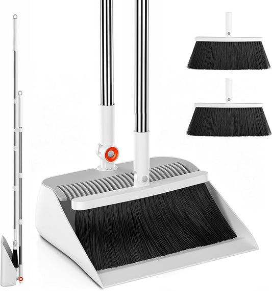 Broom with Dustpan Combo Set, 53" Long Handle, Includes 2 Broom Heads | Collapsible Broom and Dustpan Set, 180° Swivel Broom Head, 360° Lockable Dustpan, Built-in Hair Comb
