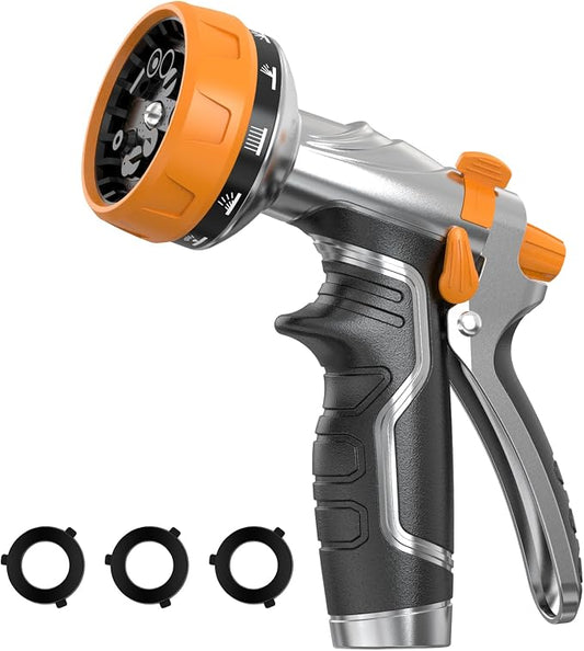 Garden Hose Nozzle, Heavy Duty Metal Water Hose Nozzle with 8 Adjustable Spray Patterns, High Pressure Hand Sprayer with Flow Control for for Garden Watering, Car & Pet Washing
