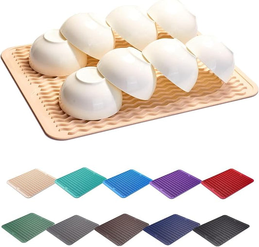 ZLR Silicone Dish Drying Mat for Kitchen Counter (12" x 16" / 307 x 405mm) - Large Fast-Dry Drainer Mat with Raised Wavy Ridges & 5mm Lip - Non-Slip, Heat Resistant 450°F, BPA-Free (Cassava White)