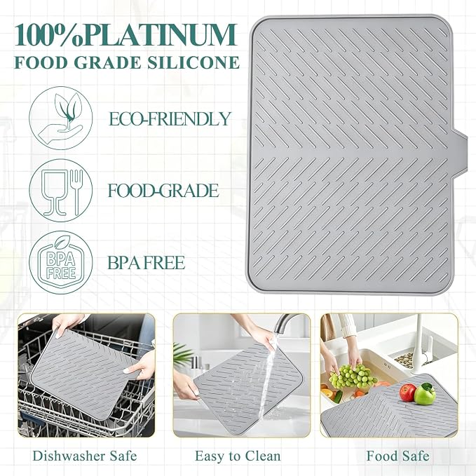 Silicone Dish Drying Mat for Kitchen Counter,23"X17" With Built-in Drain Lip,Food-Grade Silicone,Heat-Resistant Eco-friendly Hygienic Drying Mat Leak-Proof and Non-Slip,Multi-Functional Use（Gray）
