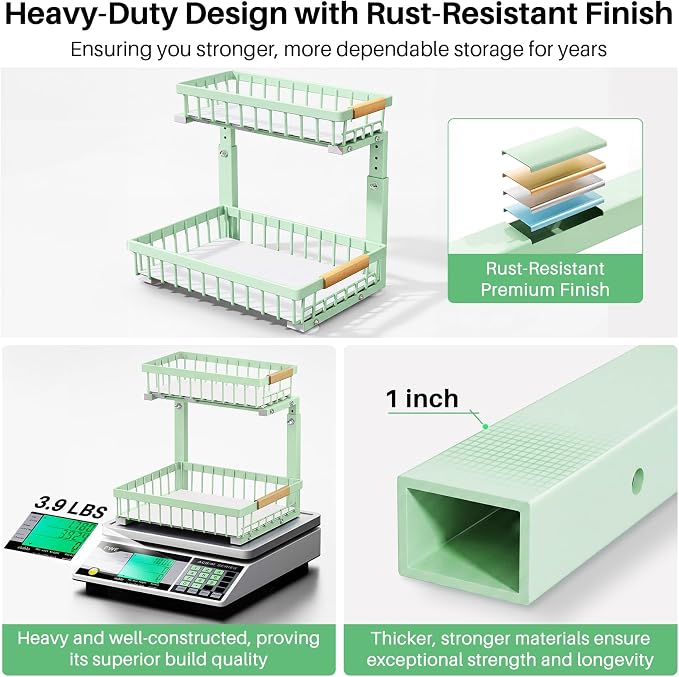 Kitstorack Under Sink Organizer, 2 Tier Under the Sink Storage, Slide out Pull out Cabinet Organizer Shelf, Metal Sliding Drawer for Kitchen Bathroom Pantry Closet Organization Rack, Green, 2 Pack