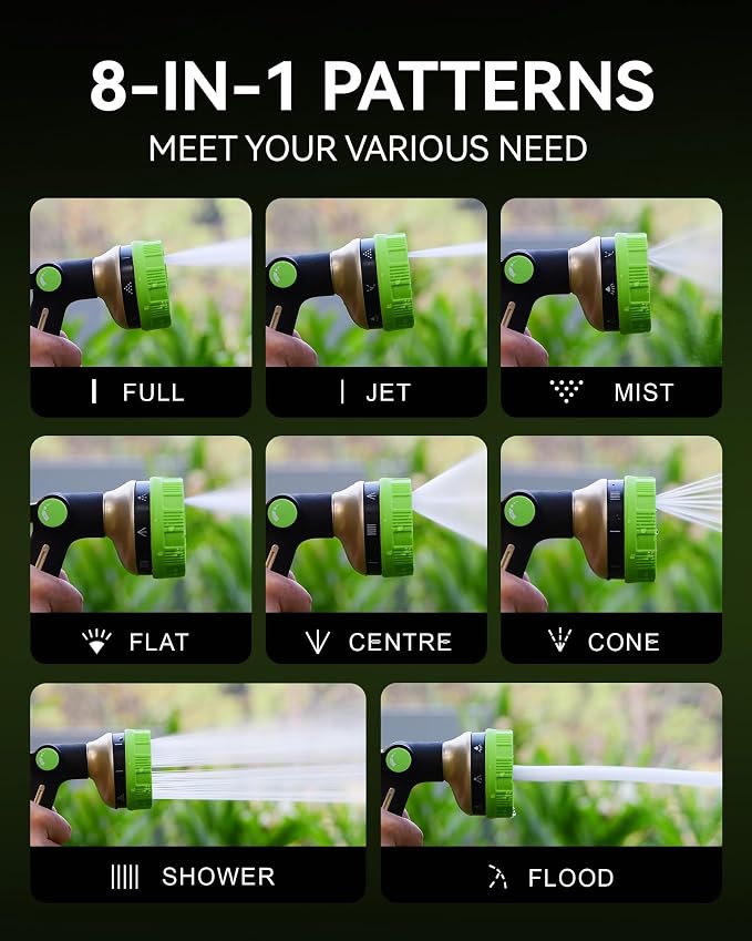 RAINPOINT Hose Sprayer Nozzle Heavy Duty - 8 Spray Patterns Garden Hose Nozzle with Adjustable Flow Control for Watering Plants, Washing Cars,Washing Pets, Thumb Control (Green)