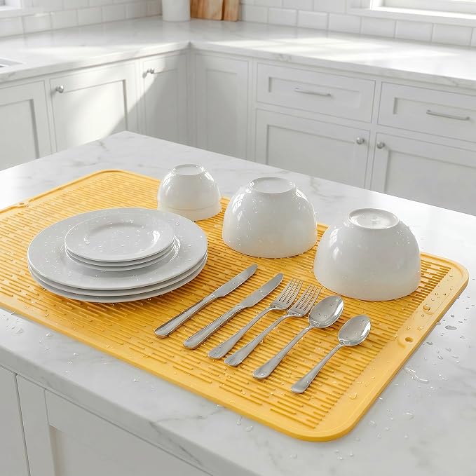MicoYang Silicone Dish Drying Mat for Multiple Usage,Easy clean,Eco-friendly,Heat-resistant Silicone Mat for Kitchen Counter or Sink,Refrigerator or Drawer Liner Yellow 4XL 32 inches x 18 inches
