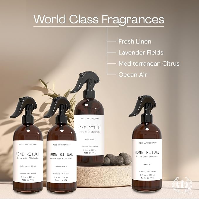 Muse Apothecary Home Ritual Active Odor Eliminator Spray - Furniture Deodorizer Spray & Bathroom Odor Eliminator for Home - Essential Oil Air Freshener - 4oz, Fresh Linen