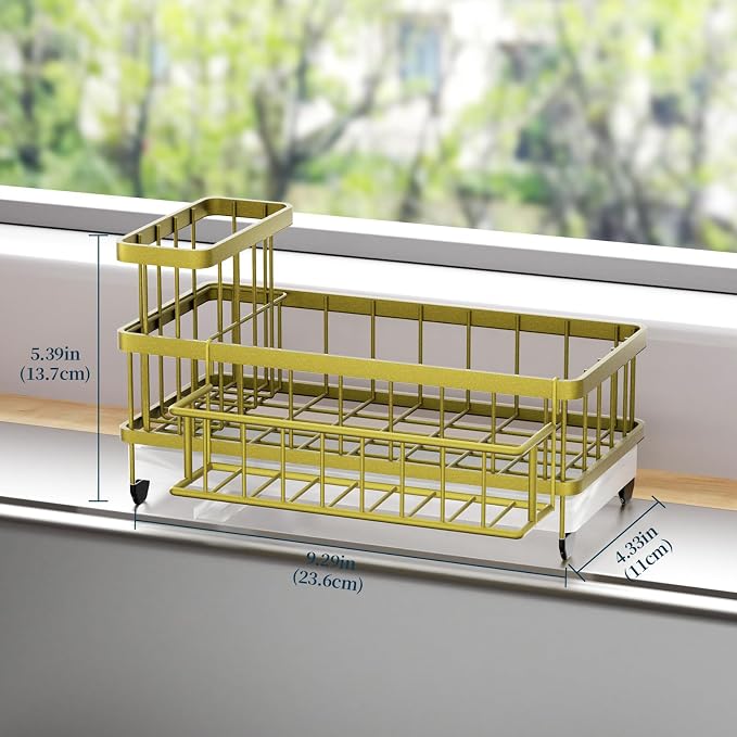 Consumest Sponge Holder for Kitchen Sink - Auto Draining Sink Caddy Organizer with Detachable Rack, High Brush Holder, Kitchen Countertop Storage Accessories, Light Gold