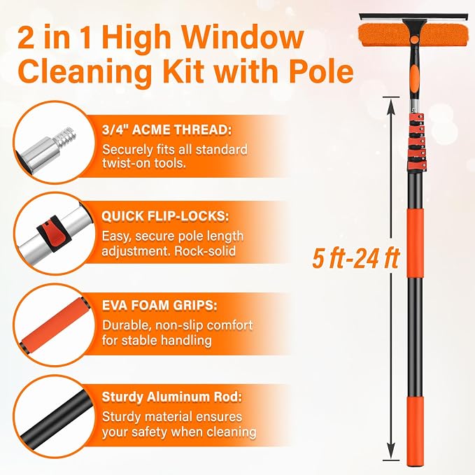 30FT Telescoping Window Squeegee Kit | 2-in-1 Professional Window Washer & Microfiber Scrubber with Extension Pole | High Reach Cleaning Tool for Outdoor, Indoor Windows & Glass