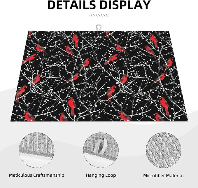 Red Bird Winter Red Cardinals Dish Drying Mat For Kitchen Counter, Super Absorbent Microfiber Dish Drying Pad, Kitchen Gadgets For Easy Clean Multi-Use Large 18"x24"