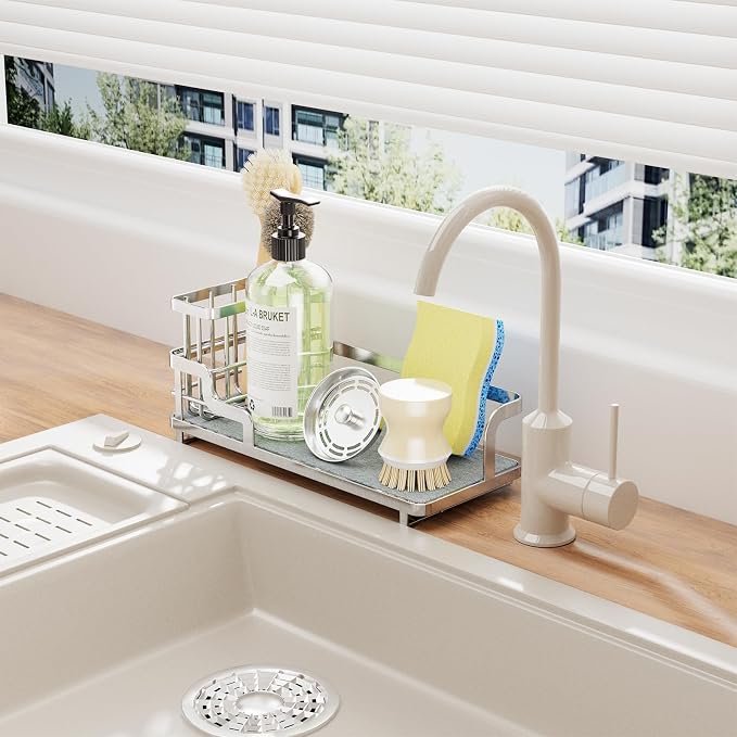 Consumest Sponge Holder for Kitchen Sink - Sink Caddy Organizer with Water Absorbing Stone Tray, Detachable Brush Holder, Stainless Steel Kitchen Counter Organizer Rack, Silver